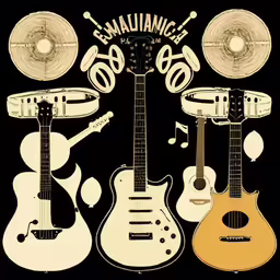 a set of three guitars with music instruments