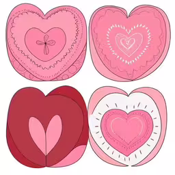 four paper hearts arranged in a row,six different sized hearts have been grouped together