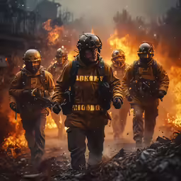 five firefighters running out of the burning buildings