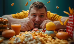 man making surprised face among assortment of breakfast foods