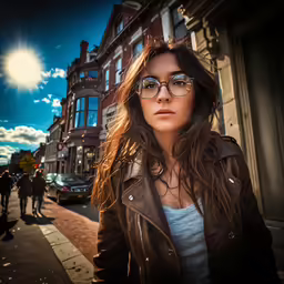 a woman in a leather jacket and eye glasses standing on a street