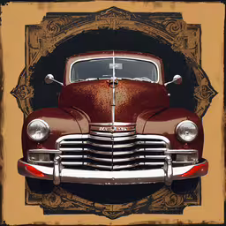 old car, the design is in a frame,the back end of an old, shiny car with a gold background