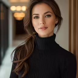 young woman with dark hair in black turtle neck sweater looking at the camera