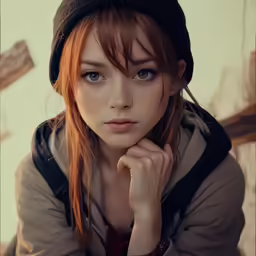 the girl is posing for the picture she has very beautiful red hair