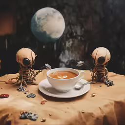 two alien skulls that are eating soup with the earth in the background