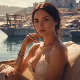a woman with a bracelet sitting on a couch near water