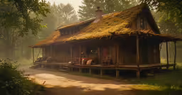a wooden hut on stilts in the middle of a forest,a thatched cottage sits in a wooded area