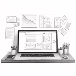 a laptop computer on a wooden desk covered with diagrams