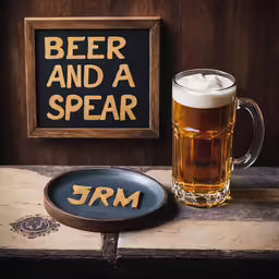 there is a beer glass and a plate on the table