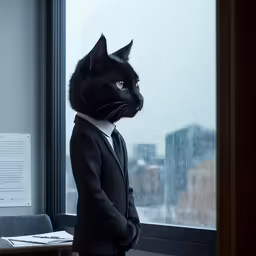a cat in suit and tie looking at a window