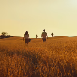 people walking on grassy hill at sunset or sunrise