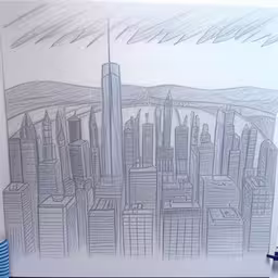 a drawing of a city in pencil,a white drawing of a city with skyscrapers
