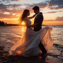 a woman wearing a dress standing on a beach with a man next to her