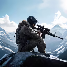 a man sits on a mountain top while holding a gun