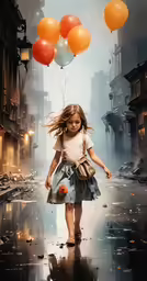an abstract photo of a little girl holding several balloons