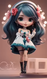 a doll with blue hair and long bangs wearing a white dress