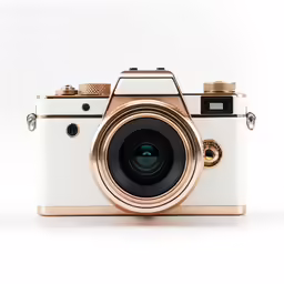 a gold and white camera sitting on top of a table