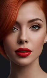 a woman with red hair and black eyes and lip