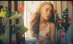 a beautiful young lady sitting in front of a window near red flowers