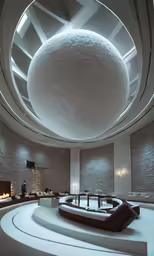 an artistic ceiling and table with lights inside a large room