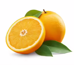 orange with leaf and half on white background