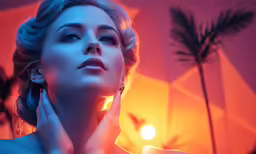 a woman in blue and pink looks up into the sky