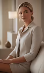 the woman is sitting on a chair, her arms crossed