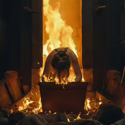a woman looking in the fireplace with fire