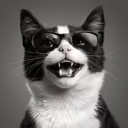 a smiling cat wearing glasses and staring