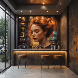 a bar with a poster behind it is shown