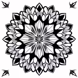 the black and white image has an abstract floral design,a circular flower that is in the center