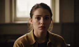 a woman looks up into the camera