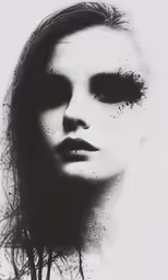a young woman with black makeup and freckled eyebrows looks towards the camera