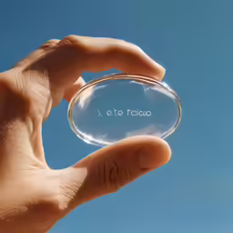 a hand holding a glass ball with the words la facia written under it