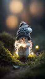 a small toy snowman is posed next to some moss