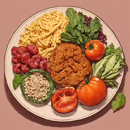 this is a plate with various pasta salads and tomatoes,a plate full of pasta, tomatoes, vegetables and meat