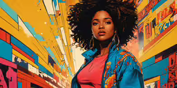 an image of a woman wearing colorful clothes,a woman with an afro stands in front of a colorful background