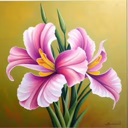 a painting of pink flower with green stems,a painting of a pink lily on a yellow background,this painting is a purple and white flower with yellow tips,this painting of pink flowers is in pastel paint,a painting of two pink flowers on a brown background