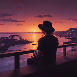 a person sitting at a balcony looking at a river and sunset,a person is sitting down and watching the sunset