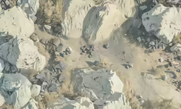 a background with large rocks, a shovel and grass
