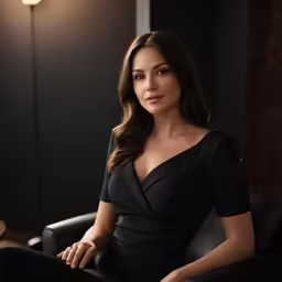 a beautiful woman in black is sitting down