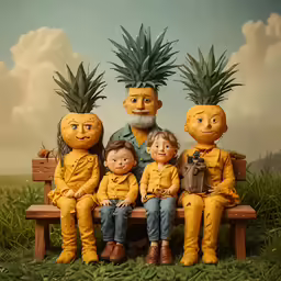 three adults and three children pose for a family photo with pineapples on top of their heads