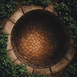 an overhead view of a circular circular outdoor fountain in the middle of foliage