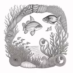 a drawing of fish and other sea life