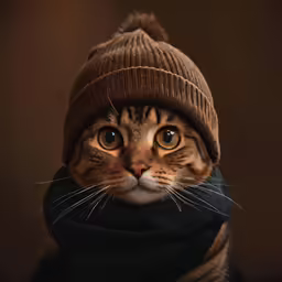 a cat wearing a hat and scarf poses for a picture