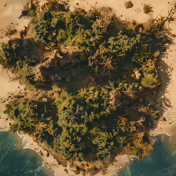 an aerial view of a beach with many trees