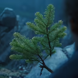 a green tree is growing close to a rock