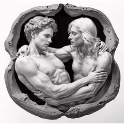 a nude male and female are together by a wood