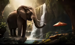 an elephant standing in front of a waterfall