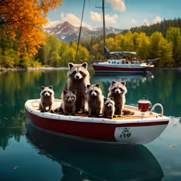 small raccoons riding on a wooden boat,three raccoons are standing in a small boat
